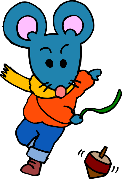 The image shows a cartoon mouse with pink ears running towards an acorn on its right side while holding something green in its left hand.