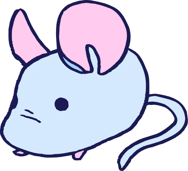 The image shows a cartoon mouse with pink ears sitting next to another smaller mouse that is also white but has no visible features like eyes or limbs.