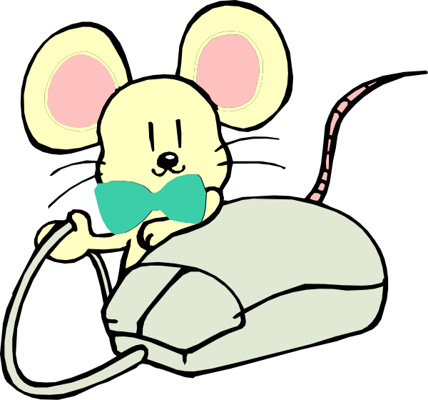 The image shows a cartoon of two mice: on the left side is an animated mouse with glasses sitting atop what appears to be a computer keyboard; it has blue eyes, pink ears, and wears a green bow tie around its neck. On the right side there's another animated mouse that looks like it could have been drawn by someone who doesn't know how mice look in real life—it is yellow with large black dots for pupils on either eye; this one has pink ears, and also wears a green bow tie around its neck. The background of