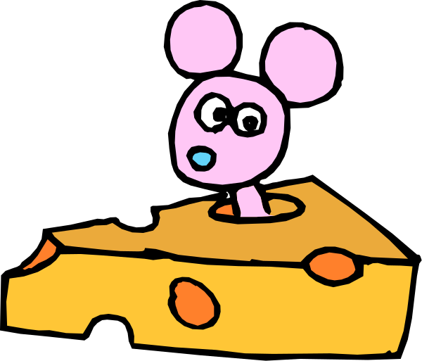 The cartoon shows a pink mouse inside an orange cheese wedge with holes on top of it.