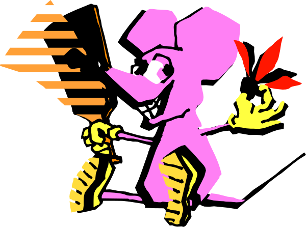 The image shows a cartoon character that resembles an anthropomorphic pink elephant with large ears holding what appears to be a small fire hydrant in its trunk while standing on two legs next to another, smaller figure of itself also depicted as an animal-like creature but without the ability to stand upright.