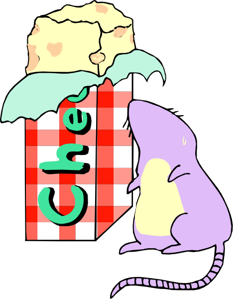 The image shows a cartoon of an anthropomorphic mouse holding up a box with "Cheese" written on it to its face while standing next to another animal that appears to be eating from a slice of cake, which is placed under an umbrella and has two pieces missing; the background features black space.