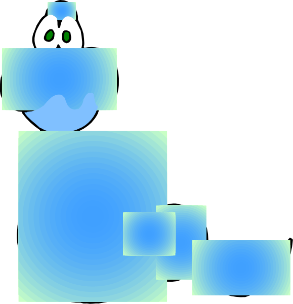 The image shows a pixelated blue creature with googly eyes on its head standing next to what appears to be an abstract geometric shape in black against a white background.