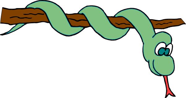 The image shows a cartoon snake with its head sticking out from behind what appears to be an old wooden plank on which it is coiled up in front of another piece of wood that has been painted green, resembling grass and possibly suggesting a garden or outdoor setting; there's no text present.