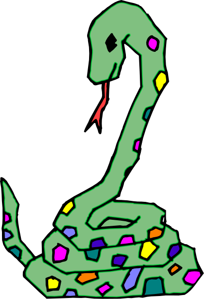 The image shows a cartoon depiction of an animated snake with colorful polygons for eyes and mouth, set against a black background.
