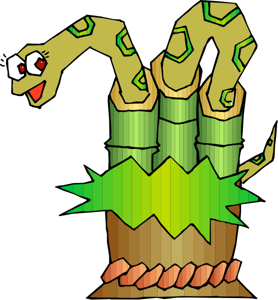 The cartoon depicts a snake coiled around bamboo stalks with leaves on top of it; there's no text present in this image.