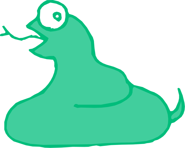 The image shows a cartoon snake with an exaggeratedly large head sitting next to its own tail that is curled up in front of it on what appears to be a dark background.