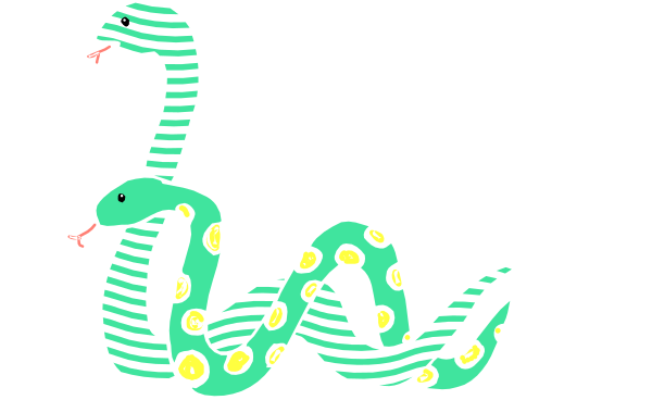 The image shows a cartoon snake with two heads; it has green scales on its body and is coiled around itself in an animated form against a black background.
