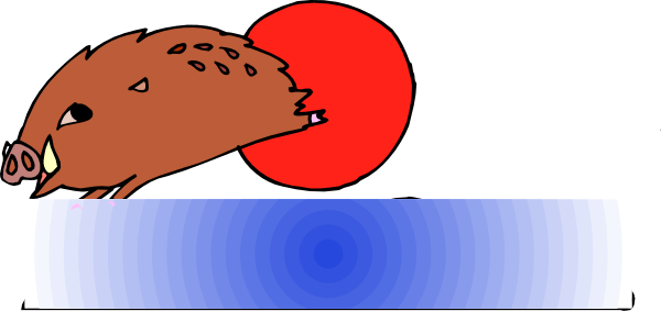 The image shows a cartoon of an animal with horns chasing another creature that is running away from it on water; there's no text present in this small clip-art illustration.