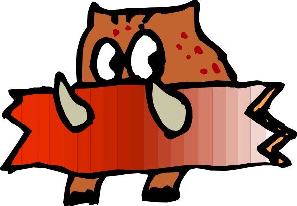 The image shows a cartoon of an anthropomorphic red fox with two horns on its head standing next to what appears to be a large piece of meat labeled "Rib Rack."