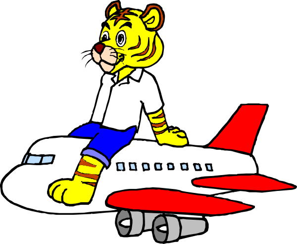 The cartoon depicts a tiger sitting on an airplane with its paws resting on top of it while flying through the sky at nighttime.