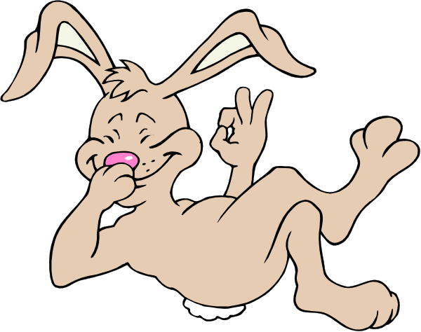 The image shows a cartoon rabbit sitting on its hind legs with an exaggeratedly large smile, holding up two fingers in front of it as if making peace signs.