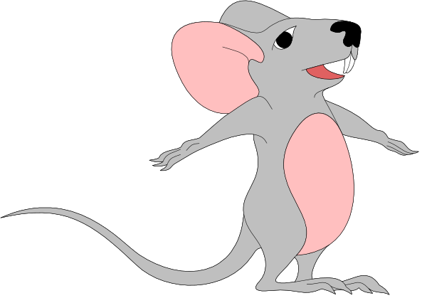 The image shows a cartoon mouse with pink ears standing upright on its hind legs against a black background.