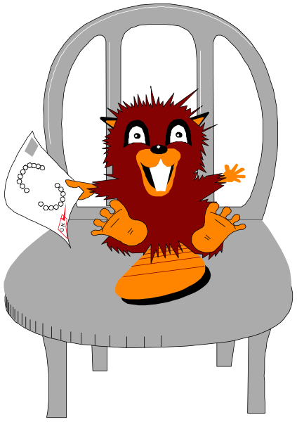 The cartoon features a red hamster sitting on an empty chair with its arms outstretched as if it's holding something in each hand while looking surprised at what appears to be a piece of paper lying next to it, which has "G" written on top and is surrounded by three circles.