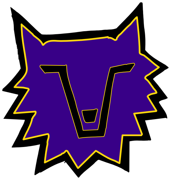 The image shows a stylized purple wolf's head with an angular design on its forehead against a black background.
