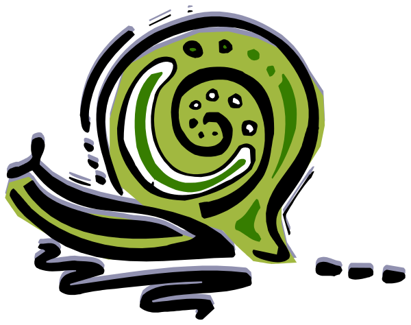 The image shows a cartoon of an animated snail with swirls on its shell next to what appears to be a spiral seashell in black-and-white tones against a dark background.