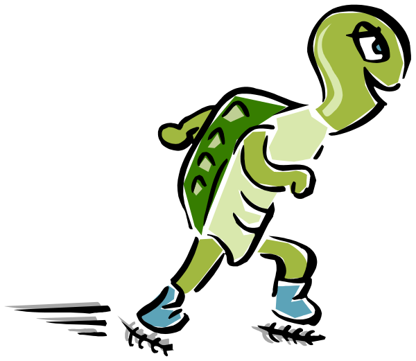 The cartoon depicts a turtle running with its arms outstretched on either side of it while wearing shoes in an outdoor environment during daylight hours.