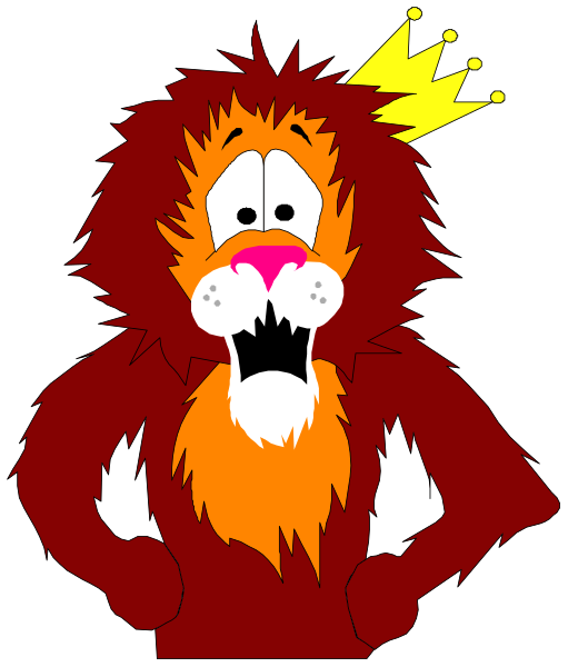 The image shows a cartoon lion with an exaggerated expression of surprise or shock on its face; it has red fur, is wearing a crown atop its head, and appears to be standing upright in front of what looks like a black background.