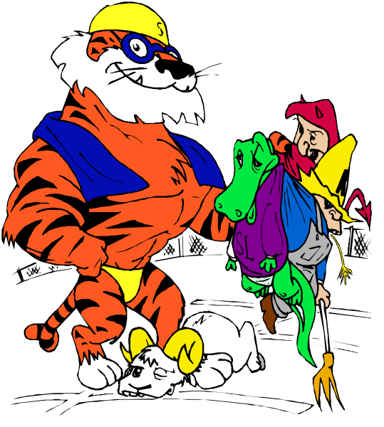 The cartoon depicts a scene with two anthropomorphic tigers standing on their hind legs: an adult wearing glasses is shaking hands with another character who appears to be in distress while holding onto three smaller characters, one of which resembles a dog and others like cats or small animals; the setting seems urban as there's a traffic light visible.