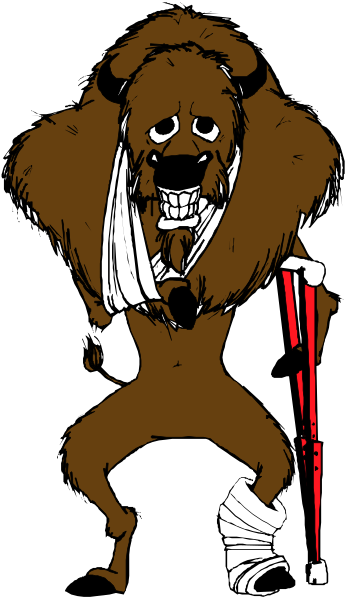 The image shows a cartoon of an animal with horns wearing a cast on its leg standing next to another character who appears injured; both characters have exaggerated facial expressions.