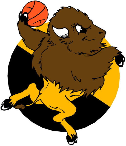 The image shows a cartoon depiction of an animal with large horns holding onto a basketball while jumping through mid-air; it is styled in a simplistic manner typical for clipart illustrations.