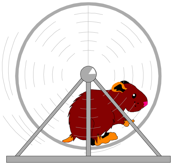 The image shows a cartoon of an animal on a wheel inside a device that resembles a hamster cage with two wheels spinning in opposite directions.