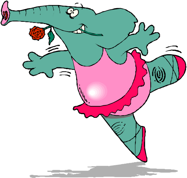 The cartoon depicts an elephant dressed as a ballerina with its trunk raised to hold a rose while dancing on one leg in front of what appears to be a black background.