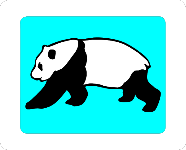 The image shows a panda bear walking on its hind legs with bamboo leaves around it against a blue background.
