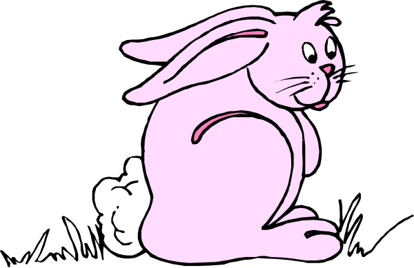 The image shows a pink cartoon bunny sitting upright with its head turned to look at something off-frame while wearing sunglasses on top of its ears.