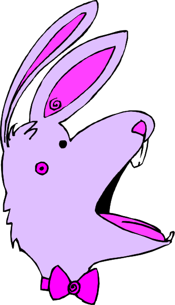 The image shows a cartoon rabbit with an exaggerated expression of surprise or shock, wearing a purple bow tie around its neck; it is set against a black background.