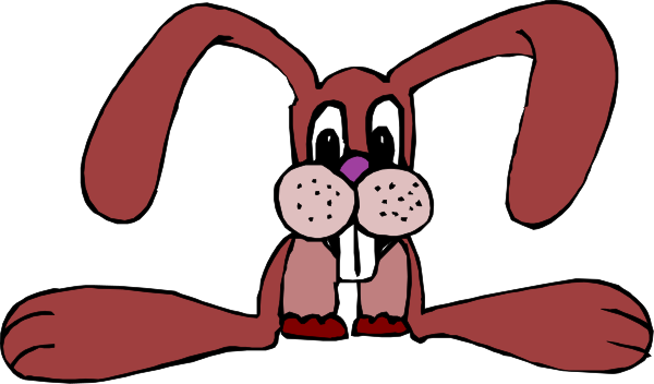 The image shows a cartoon rabbit with big eyes sitting on its hind legs against a black background.