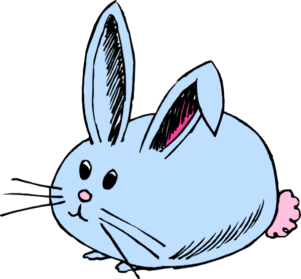 The black and white cartoon features a blue rabbit with pink ears sitting on its hind legs next to an Easter egg basket filled with eggs in various shades of pastel coloring.