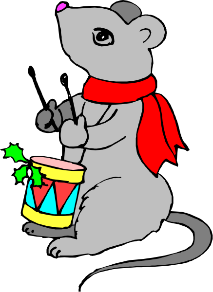 The image shows a cartoon mouse sitting on top of an upright drum with its hands resting inside it; wearing a red scarf around neck, holding what appears to be candy canes in one paw while standing next to another that is not being held.
