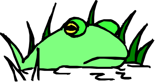 The image shows a green frog sitting on top of grass with its mouth open as if it's speaking or singing in front of what appears to be an audience that is out of frame due to perspective distortion, creating a sense of depth and focus around the frog.