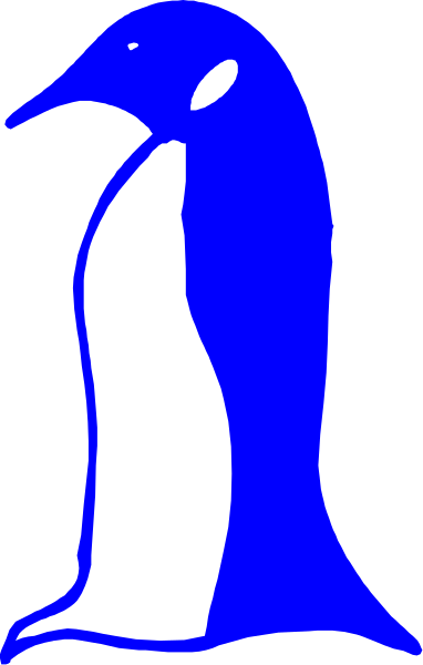 The image shows a blue penguin with its head turned to look at something on the right side of the frame against a gray background.