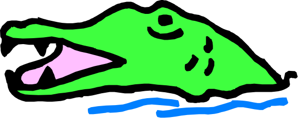 The image shows a stylized representation of an alligator with its mouth open over water, set against a backdrop that appears to be landmasses in shades of green and blue.