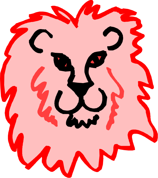 The image shows a cartoon lion's head with red mane against a white background.