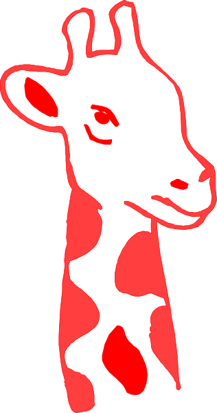 The image shows a red silhouette of an adult giraffe with its head turned to look at something on the right side against a black background within what appears to be a gray border that resembles a window frame, giving it a framed appearance as if looking out from inside another object or space.