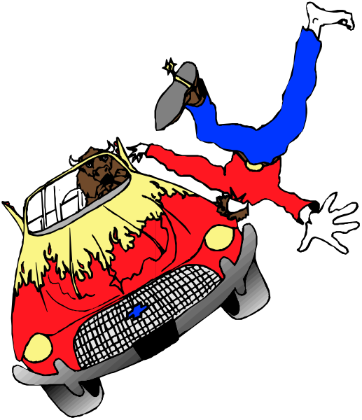 The image shows a cartoon of an old car with flames on it being driven by someone who appears to be falling out due to speeding too fast around corners; there is no visible text in this clip-art illustration, and all elements within the frame contribute to conveying motion or action.
