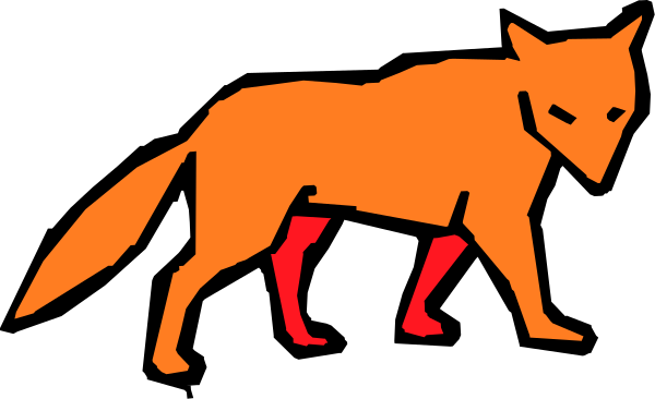 The image shows a red fox walking on two legs with its front paws raised as if it's running against an orange background.