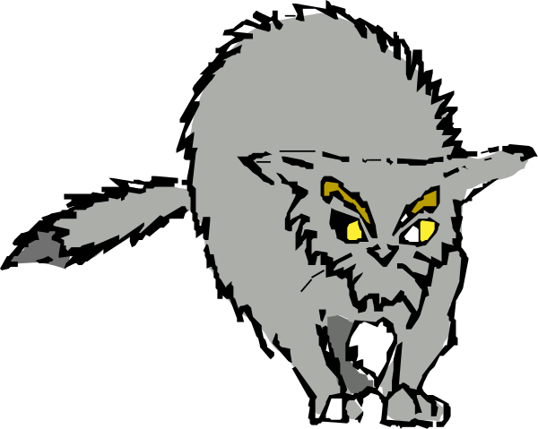 The image shows a cartoon cat with an evil expression walking on all fours against a black background.