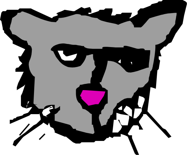 The image shows a black cat with pink eyes looking to its right against an indistinct background that appears dark grayish-black in color.