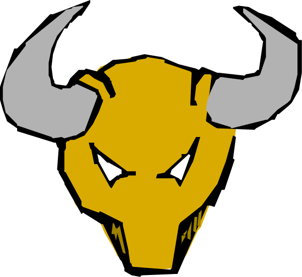 The image shows a black and white cartoon of an animal with large horns wearing what appears to be armor on its back, standing in front of a shield that has two crossed swords atop it; there is no text present within this clip-art style illustration.