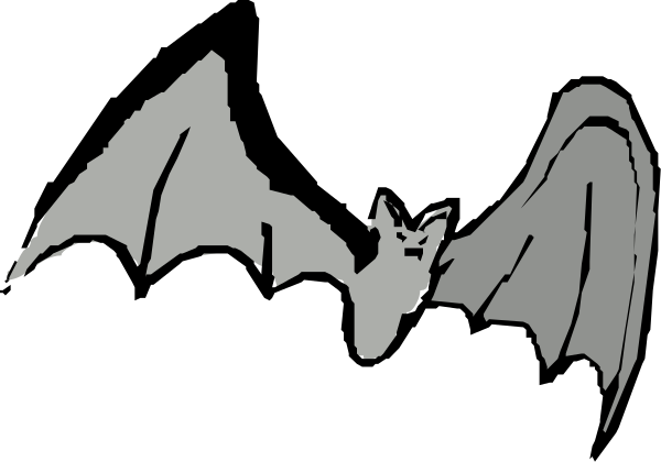 The black and white silhouette of a bat with wings spread out against an empty background.