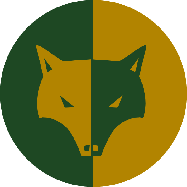 The image shows three circular badges with a wolf's head on each of them against different backgrounds: green for wolves, yellow for foxes, and white for coyotes.