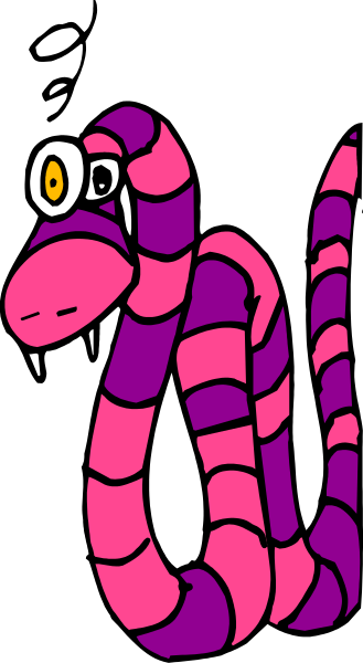 The image shows a cartoon of an anthropomorphic snake with purple skin peeking out from behind what appears to be a pink wallpaper patterned like snakeskin.