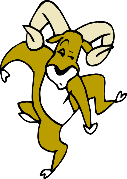 The image features a cartoon depiction of an anthropomorphic ram with horns dancing on its hind legs against a black background.