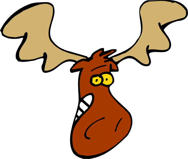 The cartoon shows a red moose with large antlers looking surprised to its left against a black background.