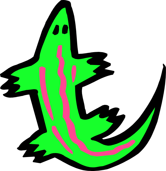 The image shows a cartoon of an alien with green skin and pink hair flying through space next to what appears to be a crescent moon in black against a dark background.