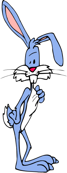 The image shows a cartoon rabbit with large ears standing upright on its hind legs against a black background; it is holding up one paw as if waving while looking to the side.